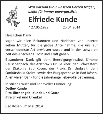 Traueranzeige von Elfriede Kunde von WVG - Wochenspiegel NMB / WSF / ZTZ