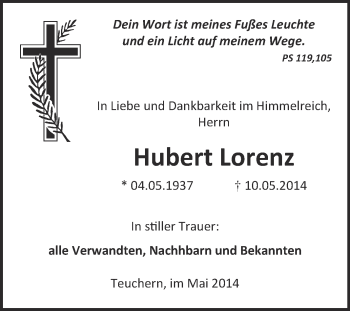 Traueranzeige von Hubert Lorenz von WVG - Wochenspiegel NMB / WSF / ZTZ