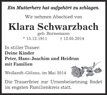 Traueranzeige von Klara Schwarzbach von WVG - Wochenspiegel Dessau / Köthen