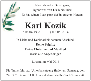 Traueranzeige von Karl Kozik von WVG - Wochenspiegel Merseburg