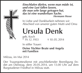 Traueranzeige von Ursula Denk von WVG - Wochenspiegel Merseburg