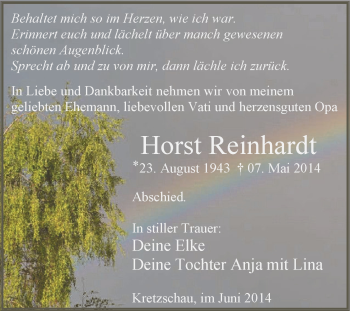 Traueranzeige von Horst Reinhardt von Super Sonntag Zeitz