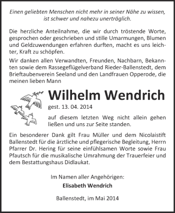 Traueranzeige von Wilhelm Wendrich von WVG - Wochenspiegel Quedlinburg