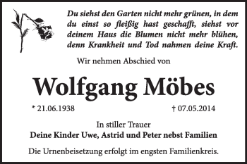 Traueranzeige von Wolfgang Möbes von Super Sonntag Dessau / Köthen
