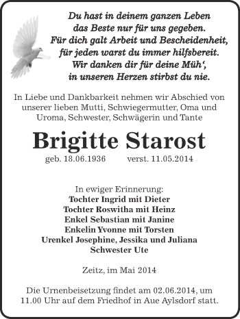 Traueranzeige von Brigitte Starost von Super Sonntag Zeitz