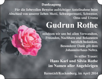 Traueranzeige von Gudrun Rothe von WVG - Wochenspiegel Merseburg