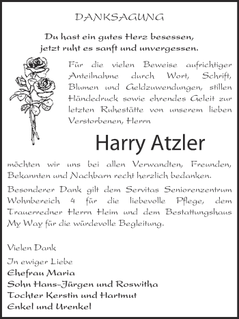 Traueranzeige von Harry Atzler von Super Sonntag Merseburg