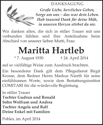 Traueranzeige von Maritta Hartleb von WVG - Wochenspiegel NMB / WSF / ZTZ