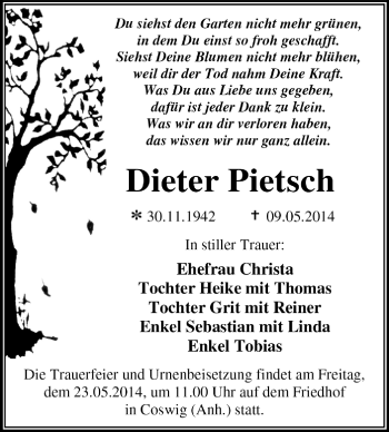 Traueranzeige von Dieter Pietsch von Super Sonntag Dessau / Köthen