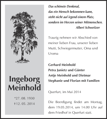 Traueranzeige von Ingeborg Meinhold von WVG - Wochenspiegel Merseburg