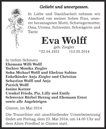 Traueranzeige von Eva Wolff von Super Sonntag Bernburg