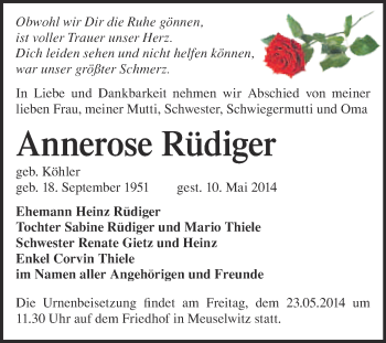 Traueranzeige von Annerose Rüdiger von WVG - Wochenspiegel NMB / WSF / ZTZ
