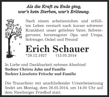 Traueranzeige von Erich Schauer von Super Sonntag Bernburg