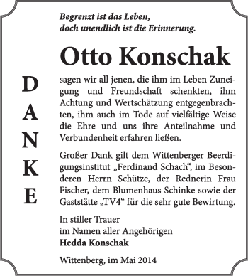 Traueranzeige von Otto Konschak von WVG - Wochenspiegel Wittenberg