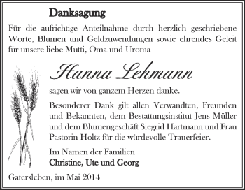 Traueranzeige von Hanna Lehmann von WVG - Wochenspiegel Aschersleben