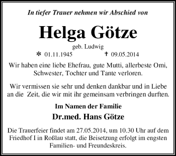 Traueranzeige von Helga Götze von Super Sonntag Dessau / Köthen