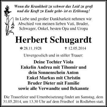 Traueranzeige von Herbert Schugardt von Super Sonntag Dessau / Köthen