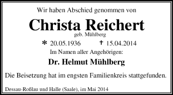 Traueranzeige von Christa Reichert von Super Sonntag Dessau / Köthen