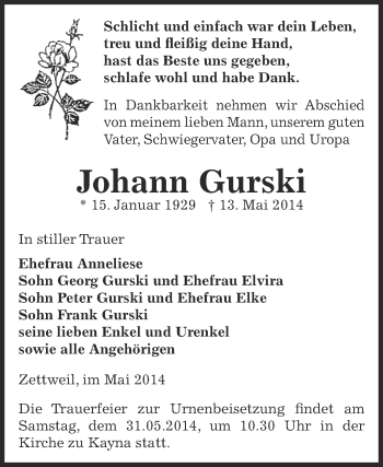 Traueranzeige von Johann Gurski von Super Sonntag Zeitz