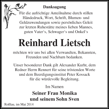 Traueranzeige von Reinhard Lietsch von WVG - Wochenspiegel Dessau / Köthen