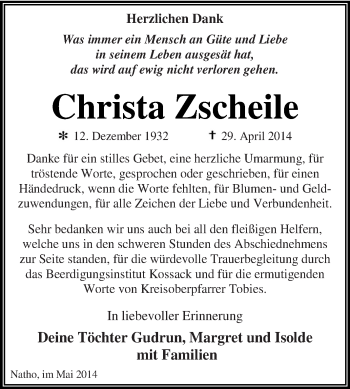 Traueranzeige von Christa Zscheile von WVG - Wochenspiegel Dessau / Köthen