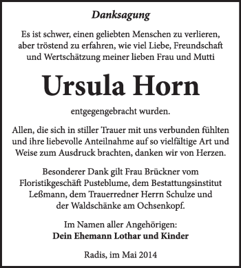 Traueranzeige von Ursula Horn von WVG - Wochenspiegel Wittenberg