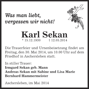 Traueranzeige von Karl Sekan von Super Sonntag Aschersleben