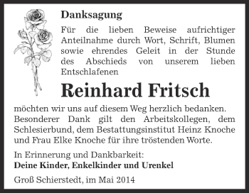 Traueranzeige von Reinhard Fritsch von Super Sonntag Aschersleben