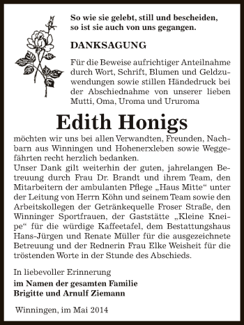 Traueranzeige von Edith Honigs von Super Sonntag Aschersleben