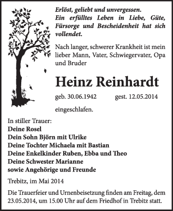 Traueranzeige von Heinz Reinhardt von WVG - Wochenspiegel Wittenberg
