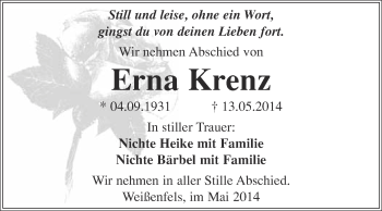 Traueranzeige von Erna Krenz von WVG - Wochenspiegel NMB / WSF / ZTZ
