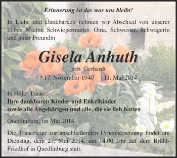 Traueranzeige von Gisela Anhuth von Super Sonntag Quedlinburg
