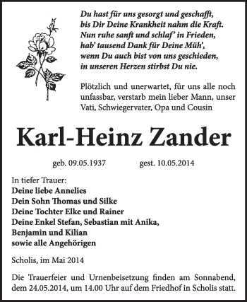 Traueranzeige von Karl-Heinz Zander von WVG - Wochenspiegel Wittenberg