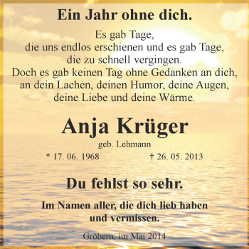 Traueranzeige von Anja Krüger von WVG - Wochenspiegel Bitterfeld