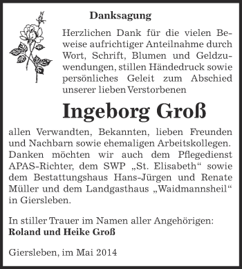 Traueranzeige von Ingeborg Groß von WVG - Wochenspiegel Aschersleben