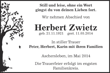 Traueranzeige von Herbert Zwietz von WVG - Wochenspiegel Aschersleben