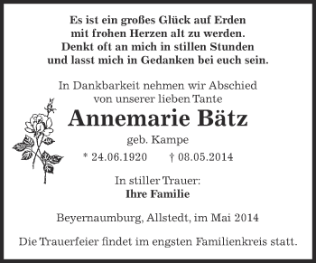Traueranzeige von Annemarie Bätz von Super Sonntag SGH Mansf. Land