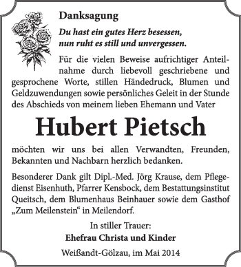 Traueranzeige von Hubert Pietsch von Super Sonntag Dessau / Köthen