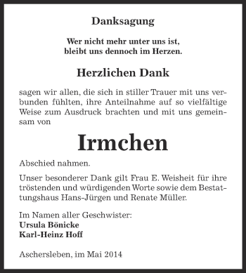 Traueranzeige von Irmchen  von Super Sonntag Aschersleben