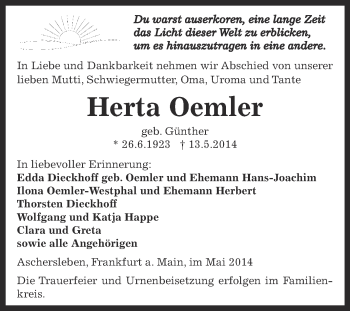 Traueranzeige von Herta Oemler von Super Sonntag Aschersleben