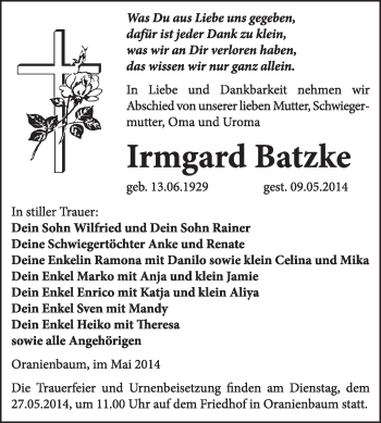 Traueranzeige von Irmgard Batzke von WVG - Wochenspiegel Wittenberg