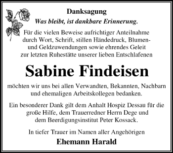 Traueranzeige von Sabine Findeisen von Super Sonntag Dessau / Köthen