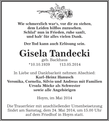 Traueranzeige von Gisela Tandecki von Super Sonntag Aschersleben