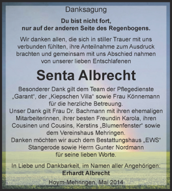 Traueranzeige von Senta Albrecht von Super Sonntag SGH Mansf. Land