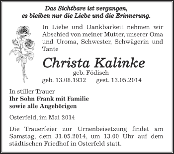 Traueranzeige von Christa Kalinke von Super Sonntag Zeitz