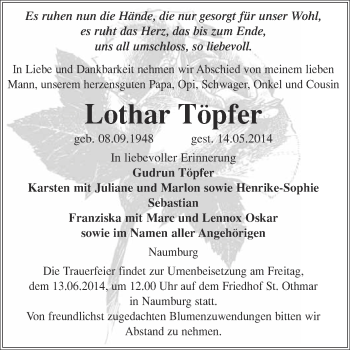 Traueranzeige von Lothar Töpfer von WVG - Wochenspiegel NMB / WSF / ZTZ