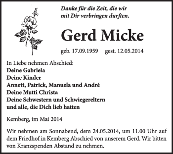 Traueranzeige von Gerd Micke von WVG - Wochenspiegel Wittenberg