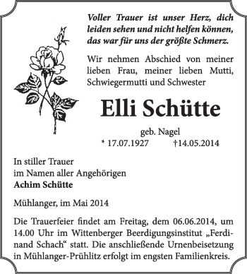 Traueranzeige von Elli Schütte von WVG - Wochenspiegel Wittenberg
