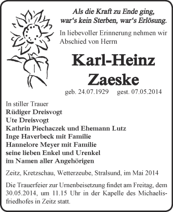 Traueranzeige von Karl-Heinz Zaeske von Super Sonntag Zeitz