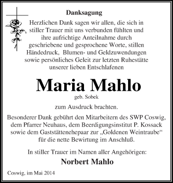Traueranzeige von Maria Mahlo von WVG - Wochenspiegel Dessau / Köthen